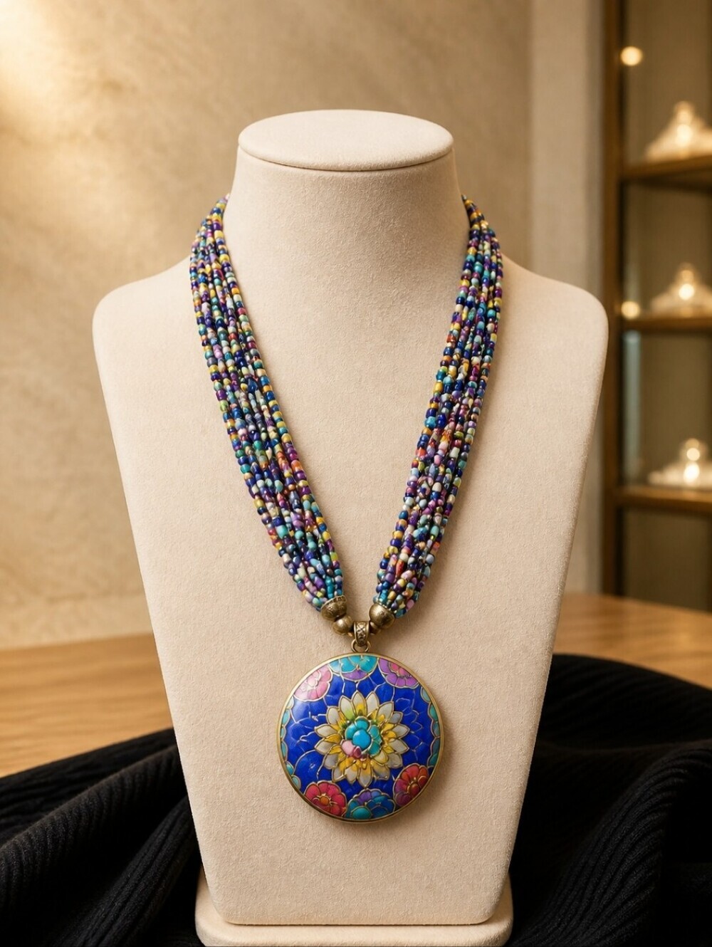 Medallion With Multiple Beaded Strands Statement Necklace NEW